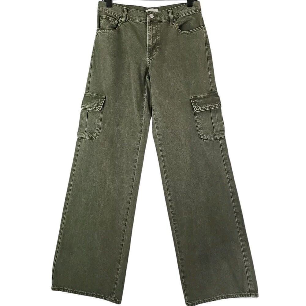 PacSun ~Woman Size 24~ Army Green Denim Wide Cargo Pants Jeans 100% Cotton.